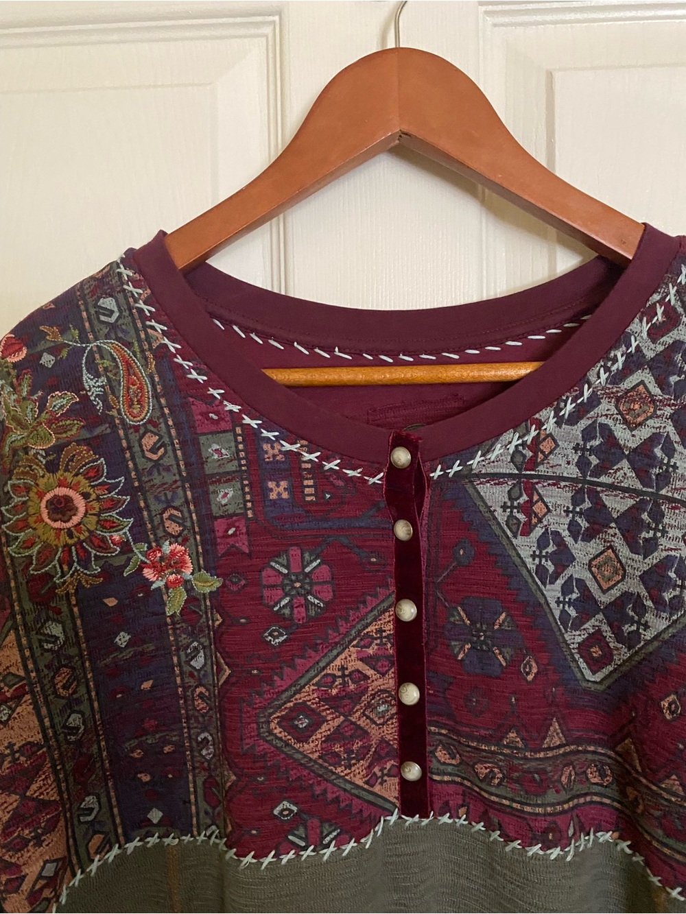 Double D Ranch Olive and Burgundy Patchwork Long Sleeve Tee - Picture 2 of 5